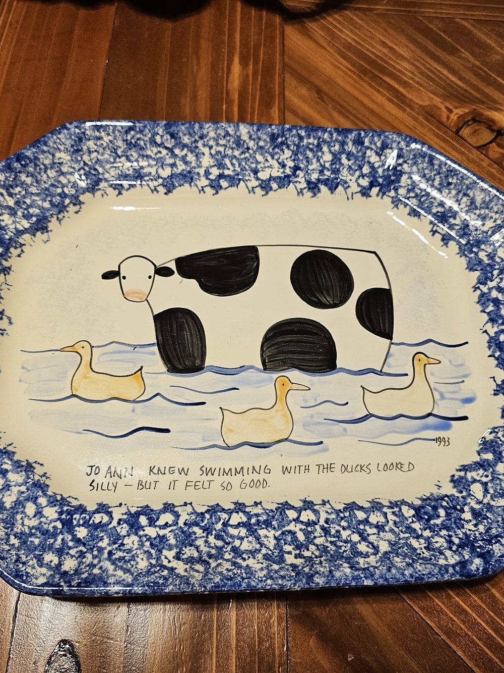 Molly Dallas, Vintage Cow & Ducks Ceramic Platter - Blue, White, Yellow